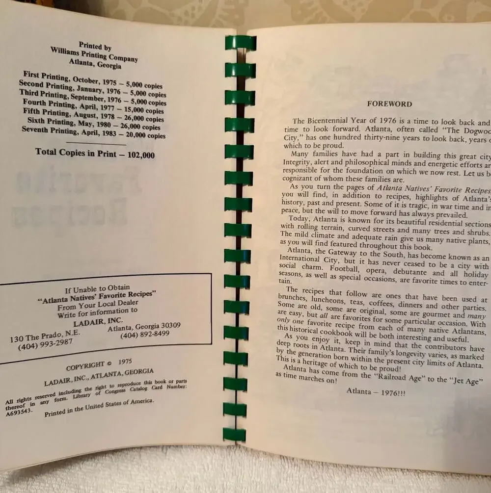 Vintage Atlanta Natives’ Favorite Recipes Cookbook 1983 Southern Cooking